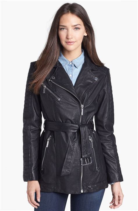 michael kors leather belted moto jacket|Michael Kors leather motorcycle jacket.